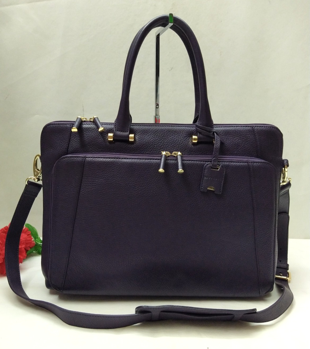 Levenger Purple Leather Double Handles Zipper Laptop Messenger Crossbody Bag